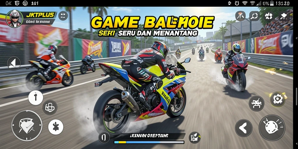 Screenshot utama JKTPLUS menampilkan aksi balap motor yang mendebarkan.