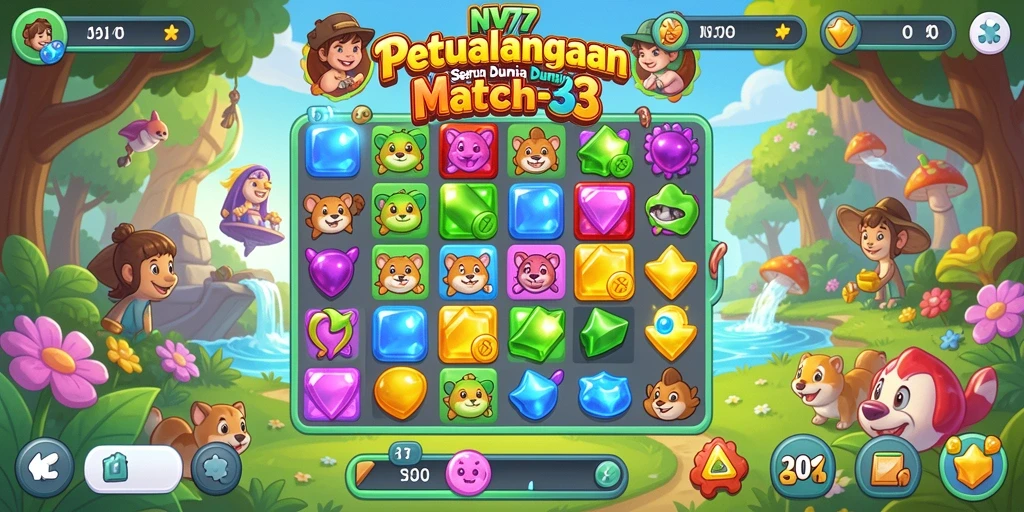 Screenshot NV77 menampilkan gameplay yang seru dalam mencocokkan item match-3.