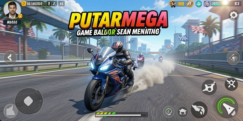 Screenshot PUTARMEGA menampilkan aksi balap motor yang mendebarkan.