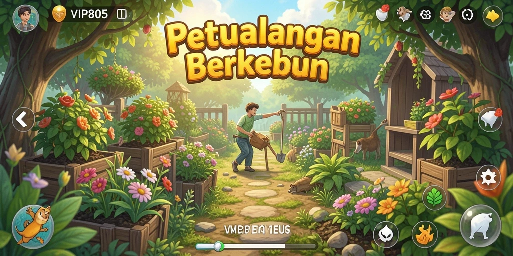 Tangkapan layar dari gameplay <strong>VIP805</strong> menunjukkan kebun yang subur dan aktif.