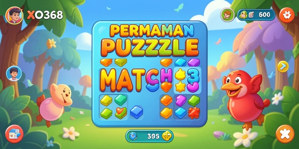 Screenshot utama menunjukkan gameplay seru dari XO368 Match-3.